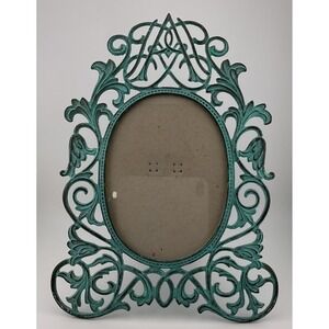 Vintage Verdigris Green Metal Oval Picture Frame Ornate Scroll Tabletop Decor
